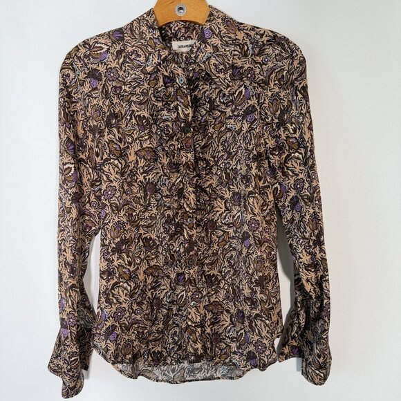 Zadig & Voltaire Tuska Satin Thorn Floral Button Down Shirt Ruffle Retro Boho S - Picture 1 of 8